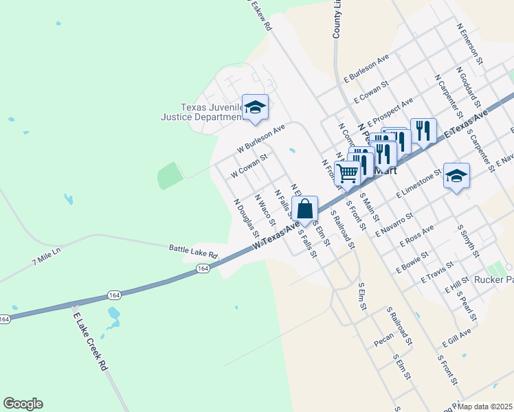 map of restaurants, bars, coffee shops, grocery stores, and more near 211 N Waco St in Mart