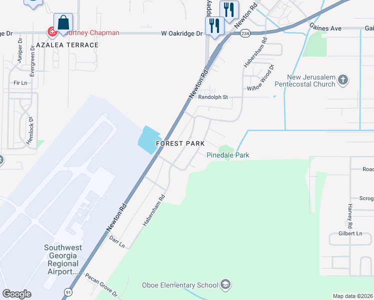 map of restaurants, bars, coffee shops, grocery stores, and more near 2520 Habersham Rd in Albany