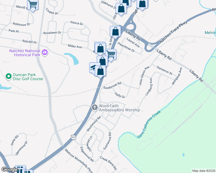 map of restaurants, bars, coffee shops, grocery stores, and more near 3503 Eastbrook Road in Natchez