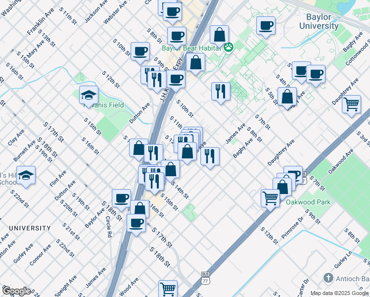 map of restaurants, bars, coffee shops, grocery stores, and more near 1426 South 12th Street in Waco