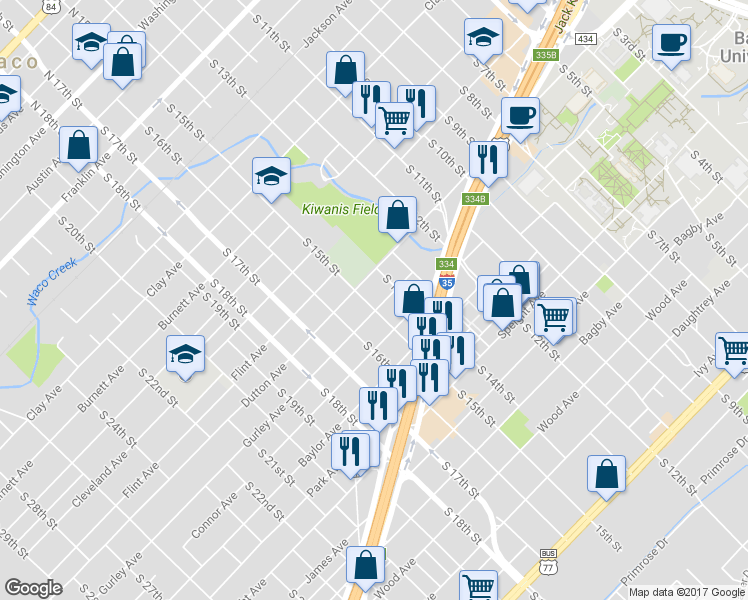 map of restaurants, bars, coffee shops, grocery stores, and more near 1122 S 15th St in Waco