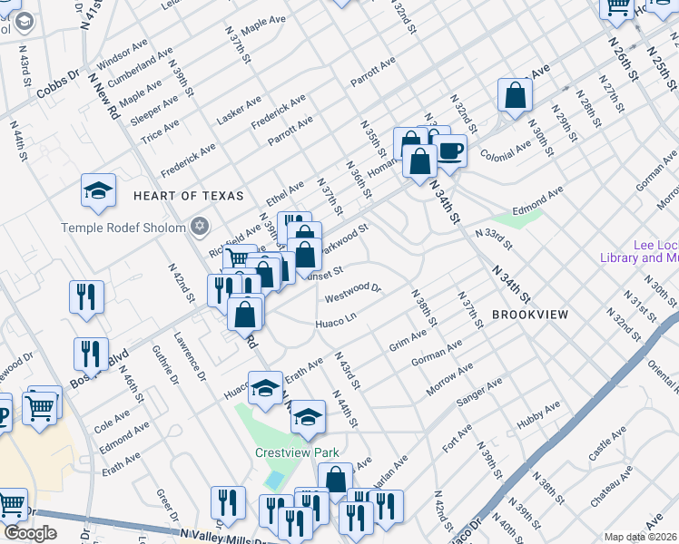 map of restaurants, bars, coffee shops, grocery stores, and more near 1326 Sunset Street in Waco