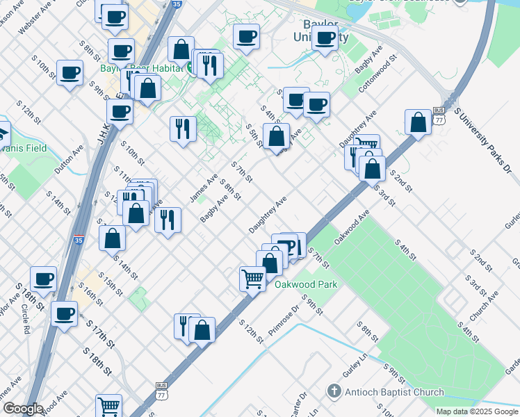 map of restaurants, bars, coffee shops, grocery stores, and more near 1912 South 8th Street in Waco