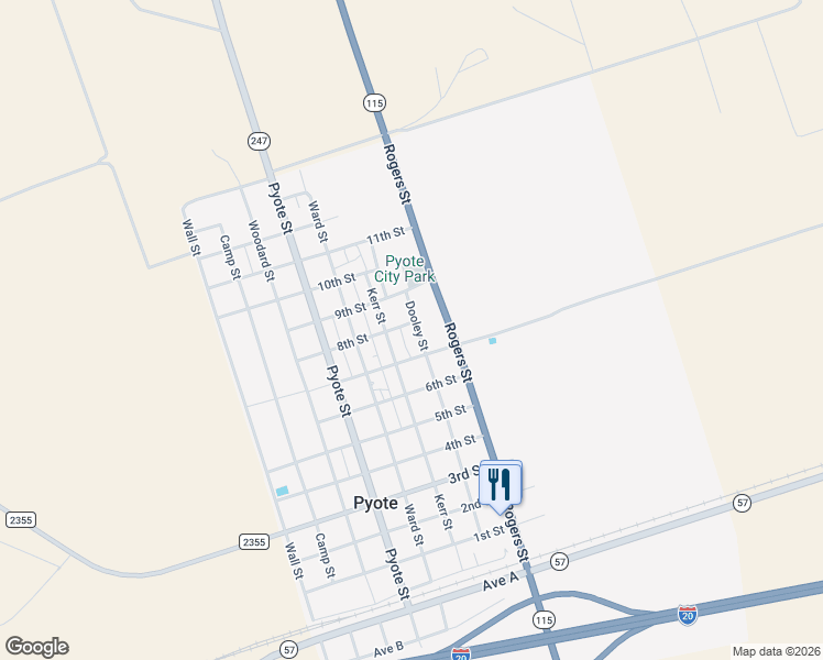 map of restaurants, bars, coffee shops, grocery stores, and more near 8th Street in Pyote