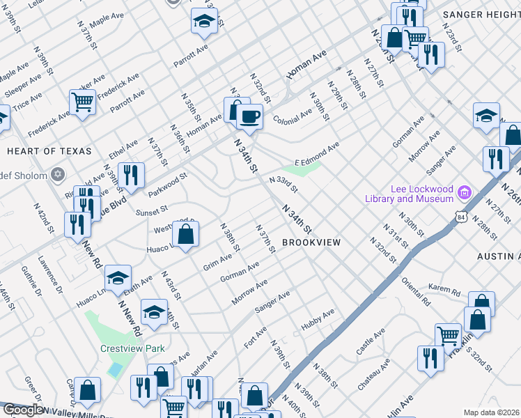 map of restaurants, bars, coffee shops, grocery stores, and more near 3617 Erath Avenue in Waco