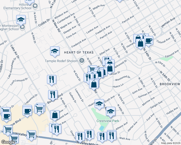 map of restaurants, bars, coffee shops, grocery stores, and more near 4005 Bosque Boulevard in Waco