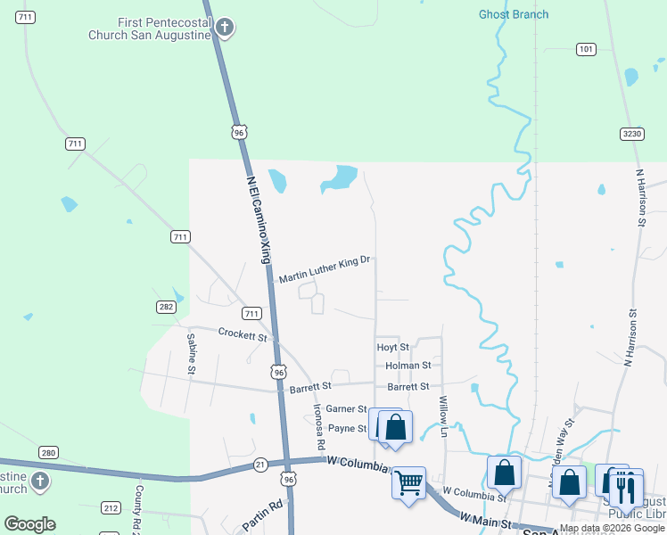 map of restaurants, bars, coffee shops, grocery stores, and more near 115 Lena Drive in San Augustine