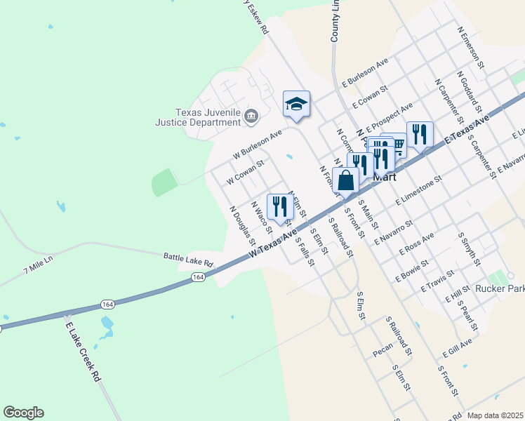 map of restaurants, bars, coffee shops, grocery stores, and more near 211 North Waco Street in Mart