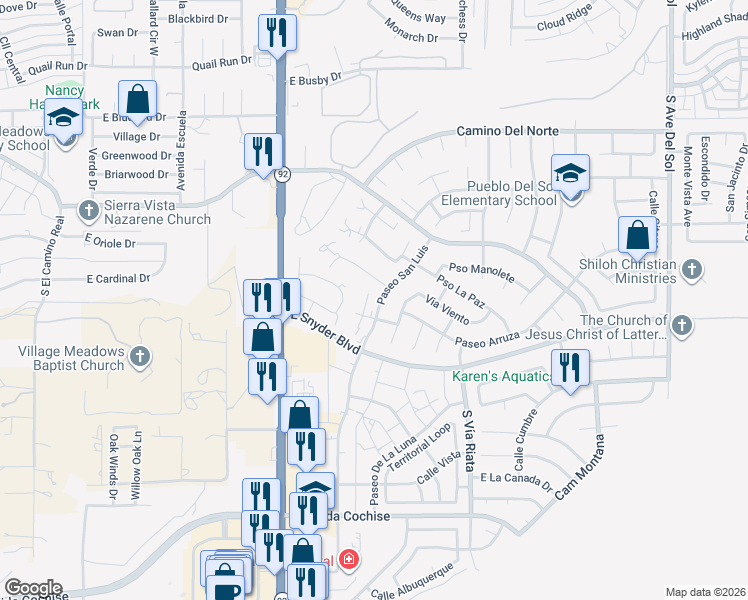 map of restaurants, bars, coffee shops, grocery stores, and more near 1357 Paseo San Luis in Sierra Vista