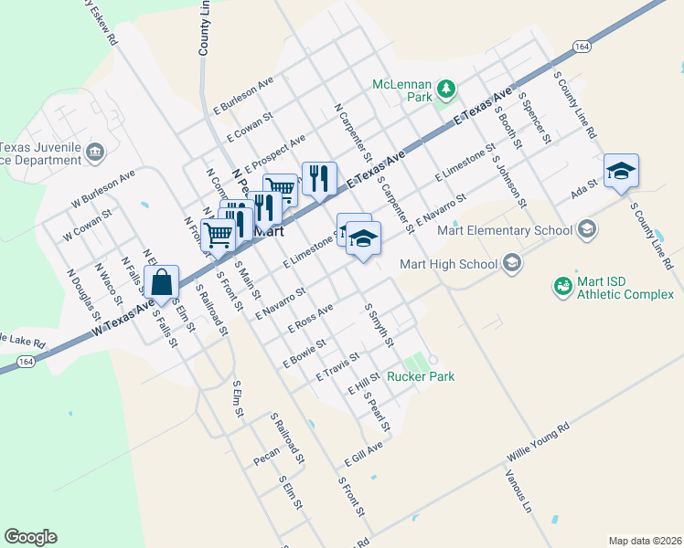map of restaurants, bars, coffee shops, grocery stores, and more near 700 East Navarro Street in Mart