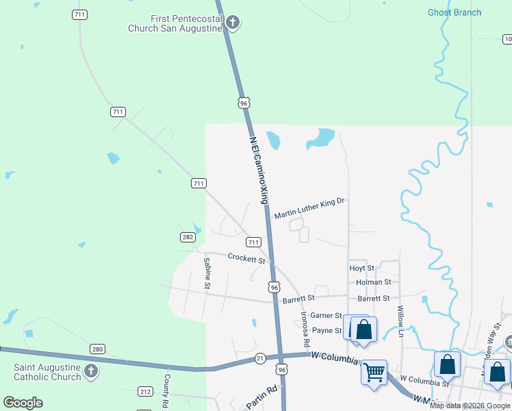 map of restaurants, bars, coffee shops, grocery stores, and more near 960 U.S. 96 in San Augustine