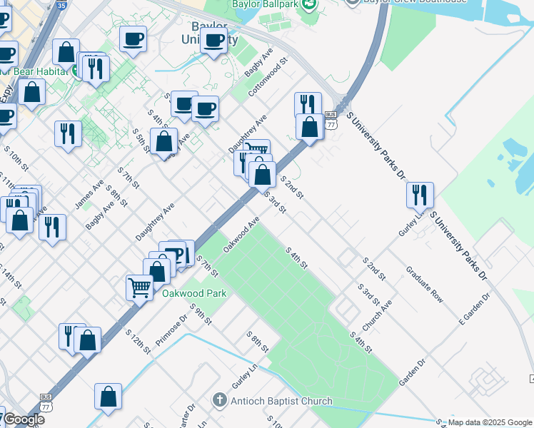 map of restaurants, bars, coffee shops, grocery stores, and more near 316 Oakwood Avenue in Waco