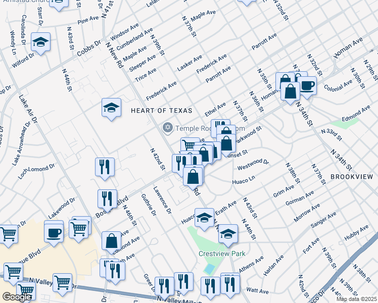 map of restaurants, bars, coffee shops, grocery stores, and more near 4005 Bosque Boulevard in Waco