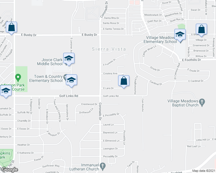 map of restaurants, bars, coffee shops, grocery stores, and more near 2011 East Lara Drive in Sierra Vista