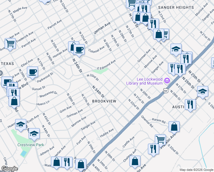 map of restaurants, bars, coffee shops, grocery stores, and more near 916 North 33rd Street in Waco