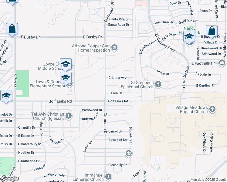 map of restaurants, bars, coffee shops, grocery stores, and more near 2011 East Lara Drive in Sierra Vista