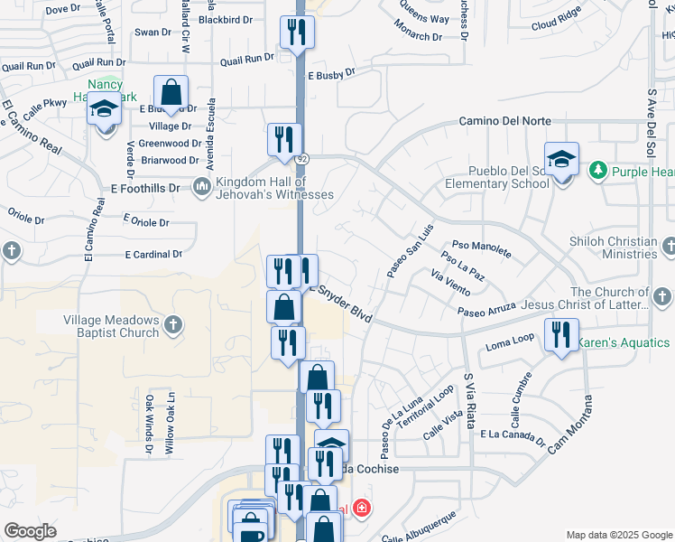 map of restaurants, bars, coffee shops, grocery stores, and more near 4190 Calle Ladero in Sierra Vista