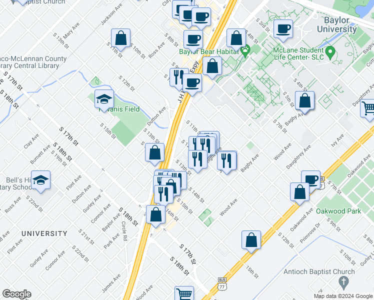 map of restaurants, bars, coffee shops, grocery stores, and more near 1214 Baylor Avenue in Waco