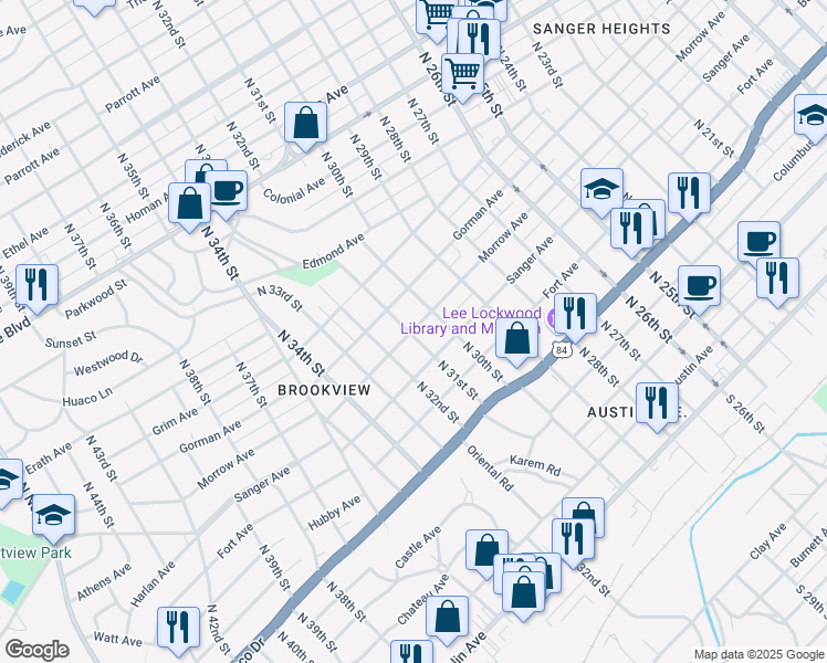 map of restaurants, bars, coffee shops, grocery stores, and more near 3101 Morrow Avenue in Waco
