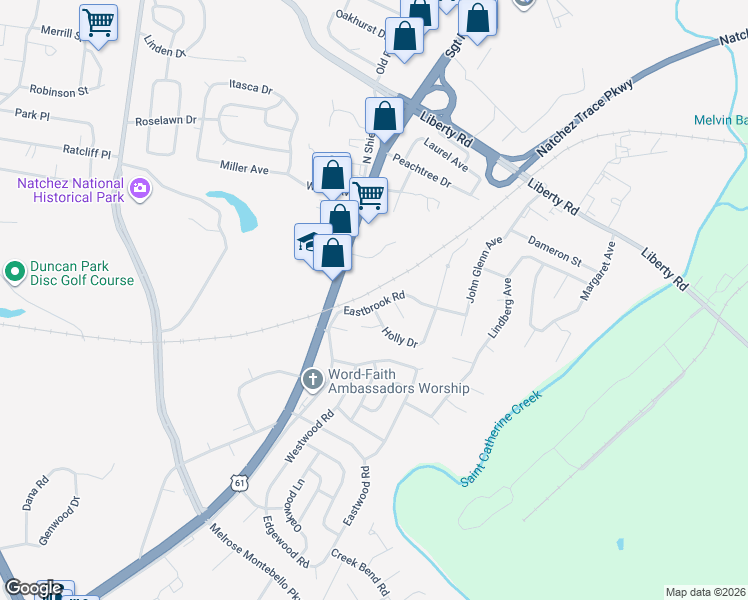 map of restaurants, bars, coffee shops, grocery stores, and more near 3503 Eastbrook Road in Natchez