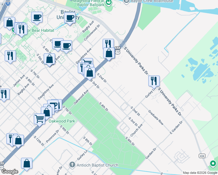 map of restaurants, bars, coffee shops, grocery stores, and more near 2311 South 2nd Street in Waco