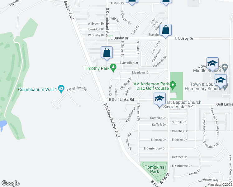 map of restaurants, bars, coffee shops, grocery stores, and more near 1300 Lea Street in Sierra Vista