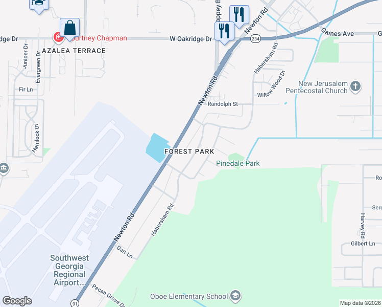 map of restaurants, bars, coffee shops, grocery stores, and more near 2520 Habersham Road in Albany