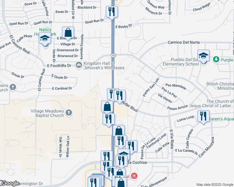 map of restaurants, bars, coffee shops, grocery stores, and more near 1325 Plaza Maria in Sierra Vista