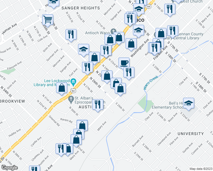 map of restaurants, bars, coffee shops, grocery stores, and more near 2506 Washington Avenue in Waco