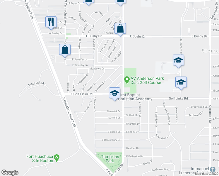map of restaurants, bars, coffee shops, grocery stores, and more near 608 Steppe Place in Sierra Vista