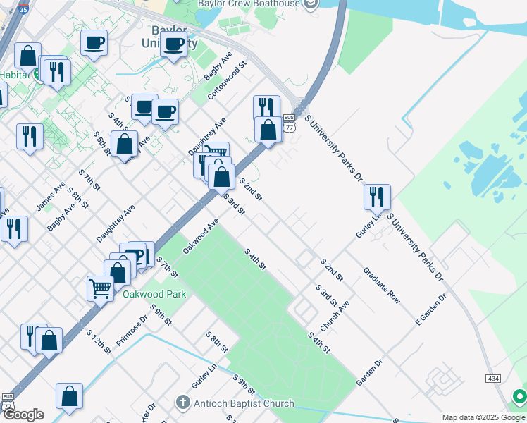 map of restaurants, bars, coffee shops, grocery stores, and more near 2300 South 3rd Street in Waco