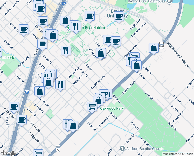 map of restaurants, bars, coffee shops, grocery stores, and more near 1912 South 8th Street in Waco