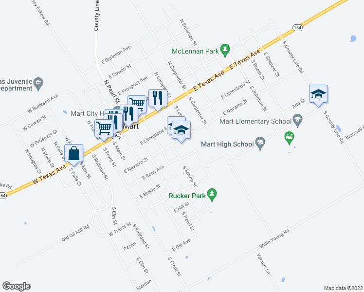 map of restaurants, bars, coffee shops, grocery stores, and more near 700 East Navarro Street in Mart