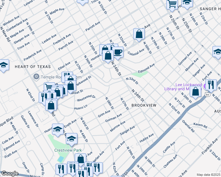 map of restaurants, bars, coffee shops, grocery stores, and more near 3708 Huaco Lane in Waco