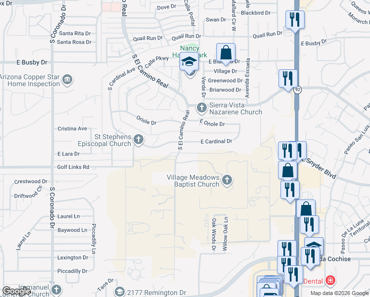 map of restaurants, bars, coffee shops, grocery stores, and more near 2916 Cardinal Drive in Sierra Vista