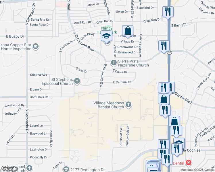 map of restaurants, bars, coffee shops, grocery stores, and more near 2916 Cardinal Drive in Sierra Vista