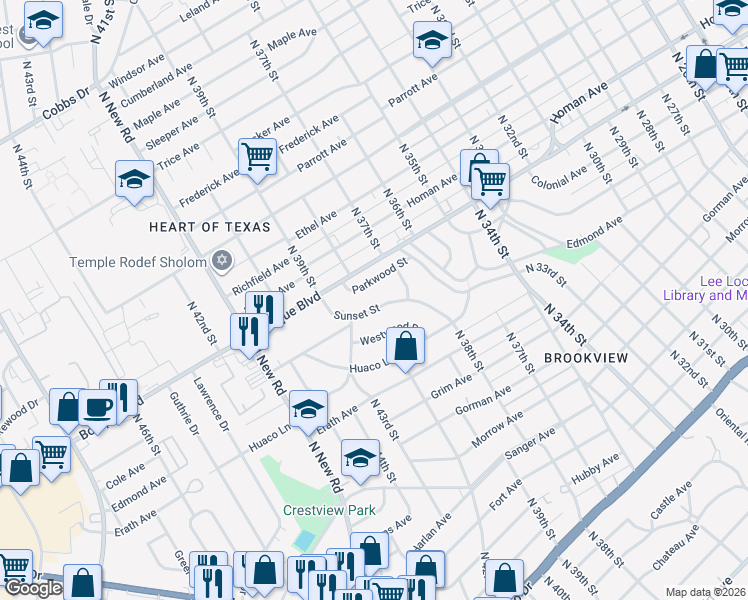 map of restaurants, bars, coffee shops, grocery stores, and more near 1326 Sunset Street in Waco
