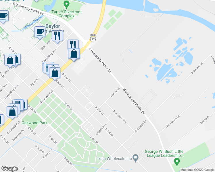 map of restaurants, bars, coffee shops, grocery stores, and more near 124 Gurley Lane in Waco