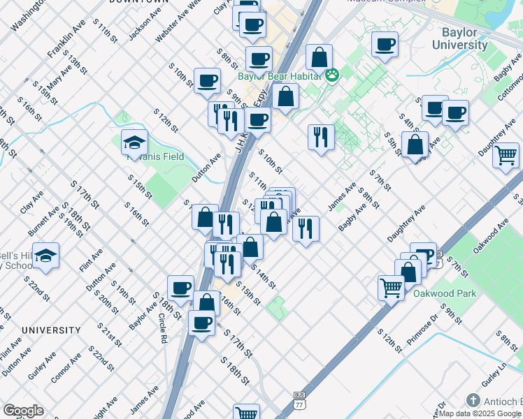 map of restaurants, bars, coffee shops, grocery stores, and more near 1426 South 12th Street in Waco