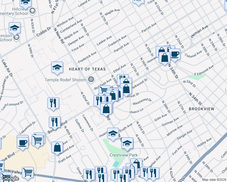 map of restaurants, bars, coffee shops, grocery stores, and more near Bosque Boulevard in Waco