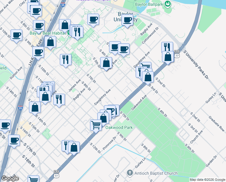 map of restaurants, bars, coffee shops, grocery stores, and more near 105 South 7th Street in Waco