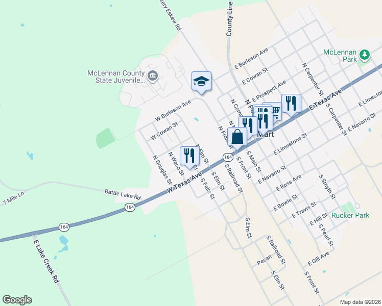 map of restaurants, bars, coffee shops, grocery stores, and more near 201 North Falls Street in Mart