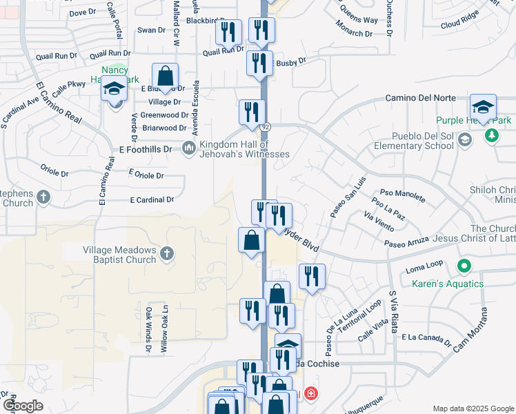 map of restaurants, bars, coffee shops, grocery stores, and more near 1400 Arizona 92 in Sierra Vista