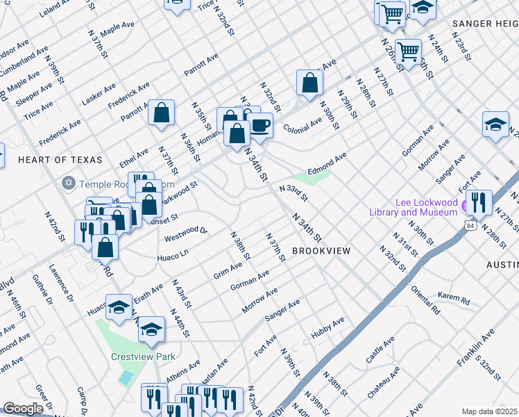 map of restaurants, bars, coffee shops, grocery stores, and more near 3710 Huaco Lane in Waco