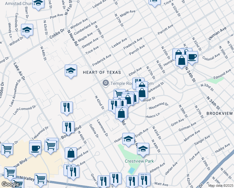 map of restaurants, bars, coffee shops, grocery stores, and more near 4005 Bosque Boulevard in Waco