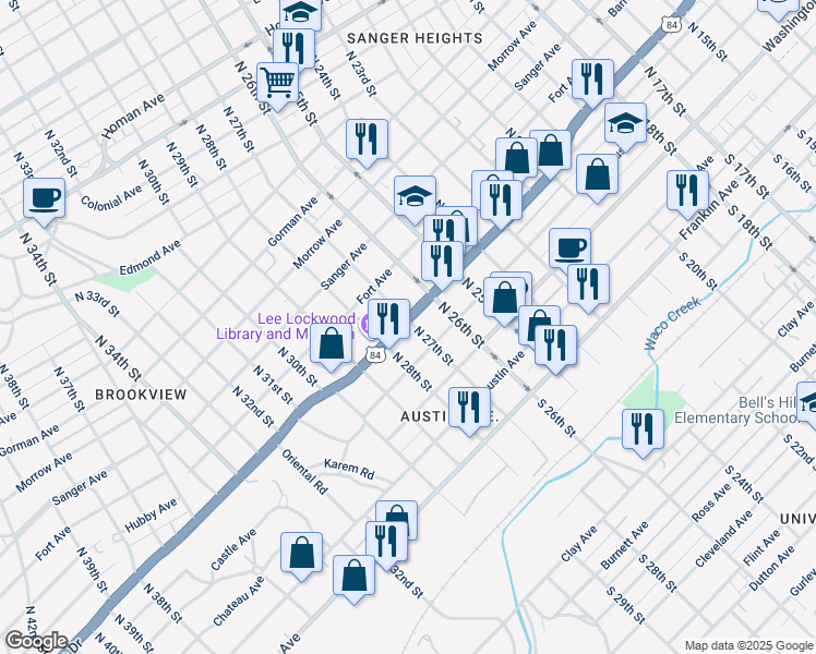 map of restaurants, bars, coffee shops, grocery stores, and more near 2726 West Waco Drive in Waco