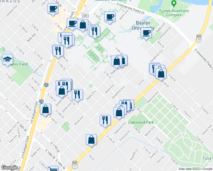 map of restaurants, bars, coffee shops, grocery stores, and more near 1812 S 8th St in Waco