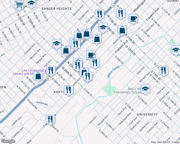 map of restaurants, bars, coffee shops, grocery stores, and more near 2326 Austin Avenue in Waco