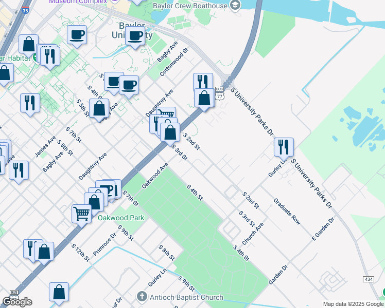 map of restaurants, bars, coffee shops, grocery stores, and more near 2300 South 3rd Street in Waco