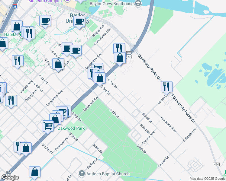 map of restaurants, bars, coffee shops, grocery stores, and more near 2300 South 3rd Street in Waco